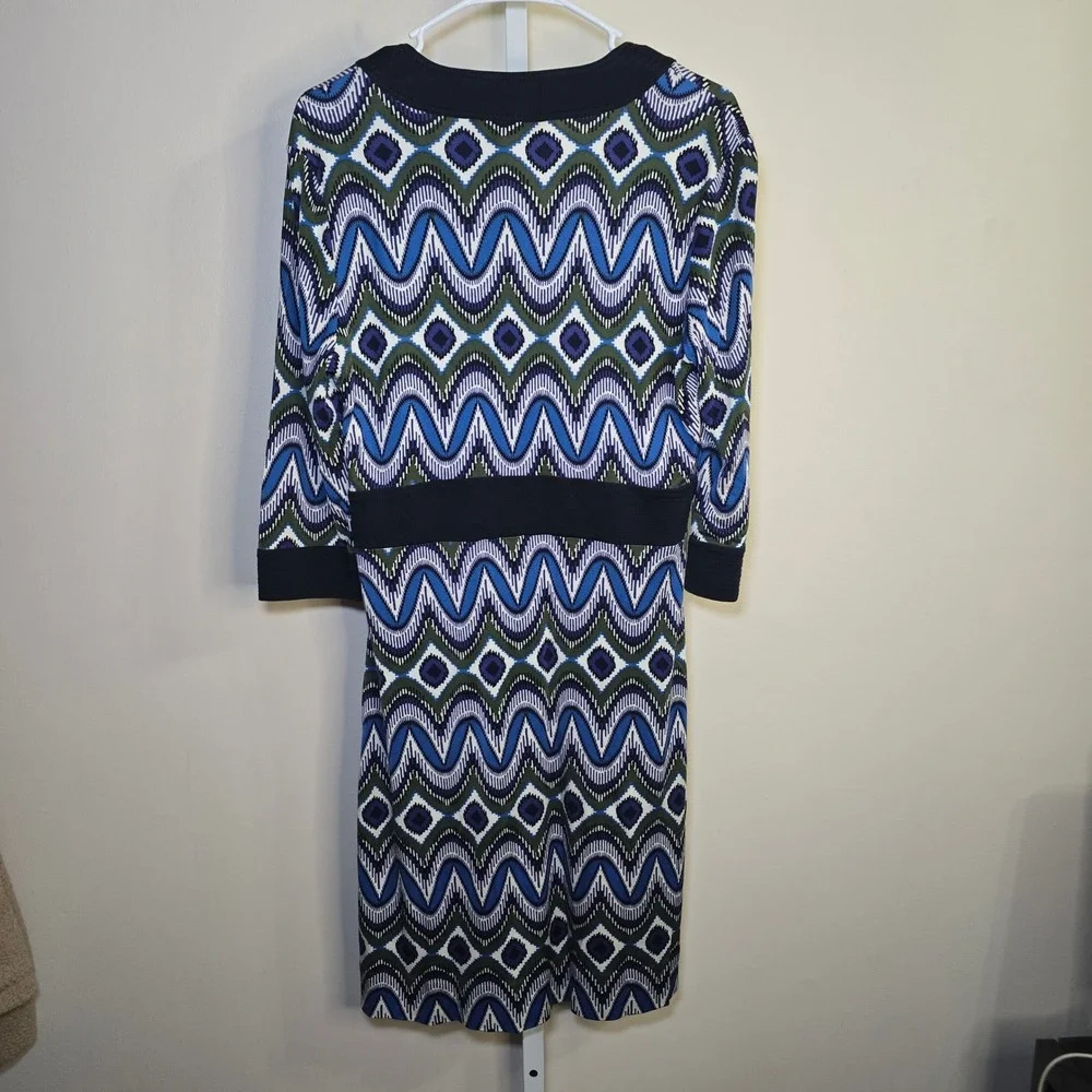 Tory Burch Silk Geometric Ikat Chevron V-Neck Dress Blue Green Black Size L